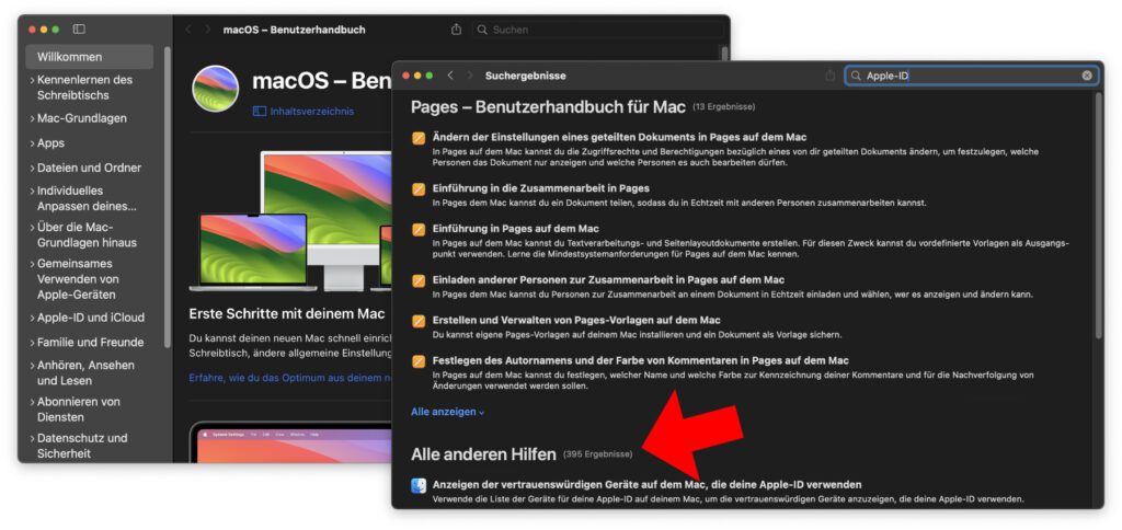 Über das Hilfe-Menü des Finders könnt ihr das macOS-Handbuch aufrufen. Über die Handbücher von Apple-Apps lässt sich die Suche-Funktion nutzen, um systemweite Einstellungen zu finden.