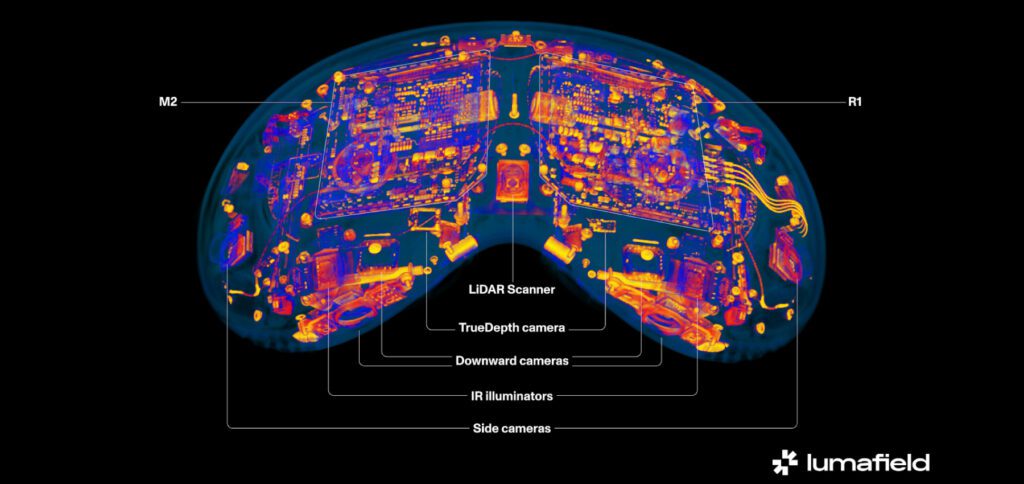 Neben der Meta Quest 3 und der Meta Quest Pro wurde auch die Apple Vision Pro CT-Scans für die Erstellung eines detaillierten und mehrschichtigen 3D-Modells unterzogen. So werden einzelne Komponenten und ihr Zusammenspiel zerstörungsfrei sichtbar. Bild: Lumafield.com