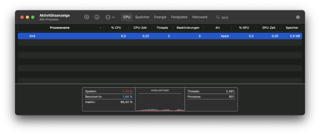 Wozu dient der bird Prozess am Apple Mac? Was tun, wenn der bird Hintergrundprozess 100% CPU belegt und macOS langsam macht? Hier habe ich die wichtigsten Infos und Lösungsansätze zusammengefasst!