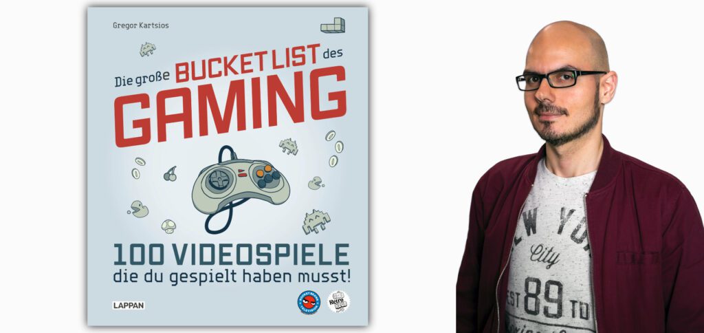 Das Buch und der Autor: „Die große Bucket List des Gaming: 100 Videospiele, die du gespielt haben musst!“ von Gregor Kartsios. Bilderquelle: Pressematerial des Carlsen Verlags