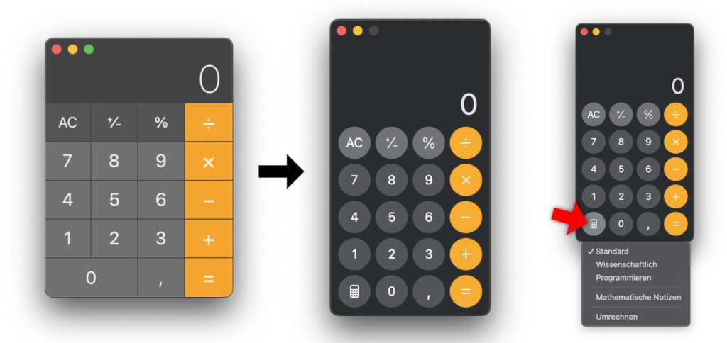 Durch die Überarbeitung des alten Designs (links) zum neuen Design (Mitte) konnte ein Menü-Button implementiert werden (rechts).