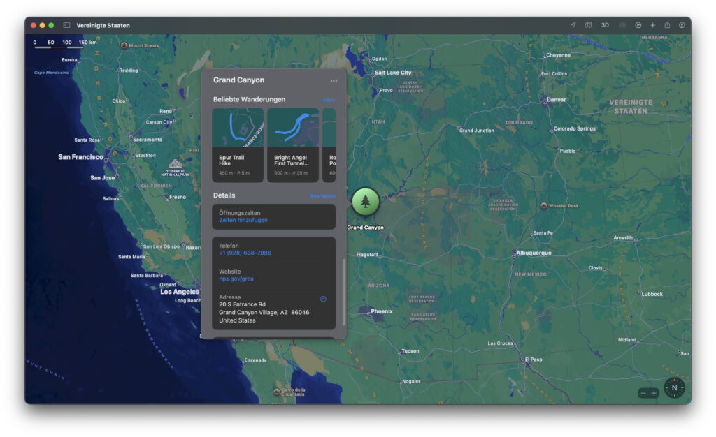 Die Informationen zum Grand Canyon enthalten ab macOS 15 Sequoia auch den Bereich „Beliebte Wanderungen“.