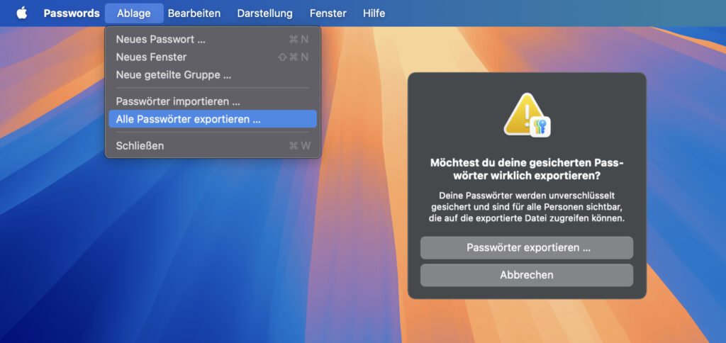 Für den Export von Login-Daten gibt es den Hinweis, dass diese damit den sicheren Apple-Kosmos verlassen und für alle, die die Datei öffnen können, einsehbar werden.