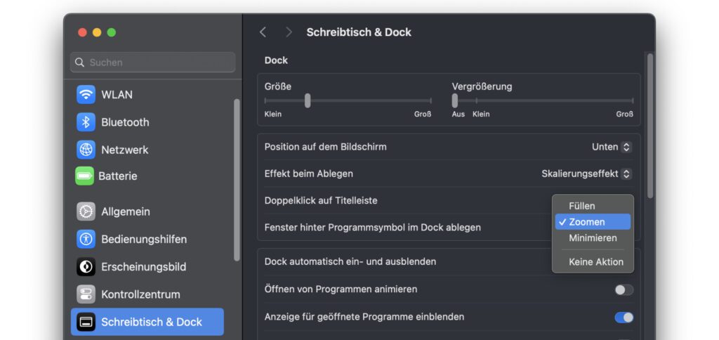 Neu ab macOS 15 Sequoia: Für „Doppelklick auf Titelleiste“ kann nun „Füllen“ ausgewählt werden. Was diese und die anderen Optionen bewirken, das habe ich euch in diesem Ratgeber zusammengefasst.