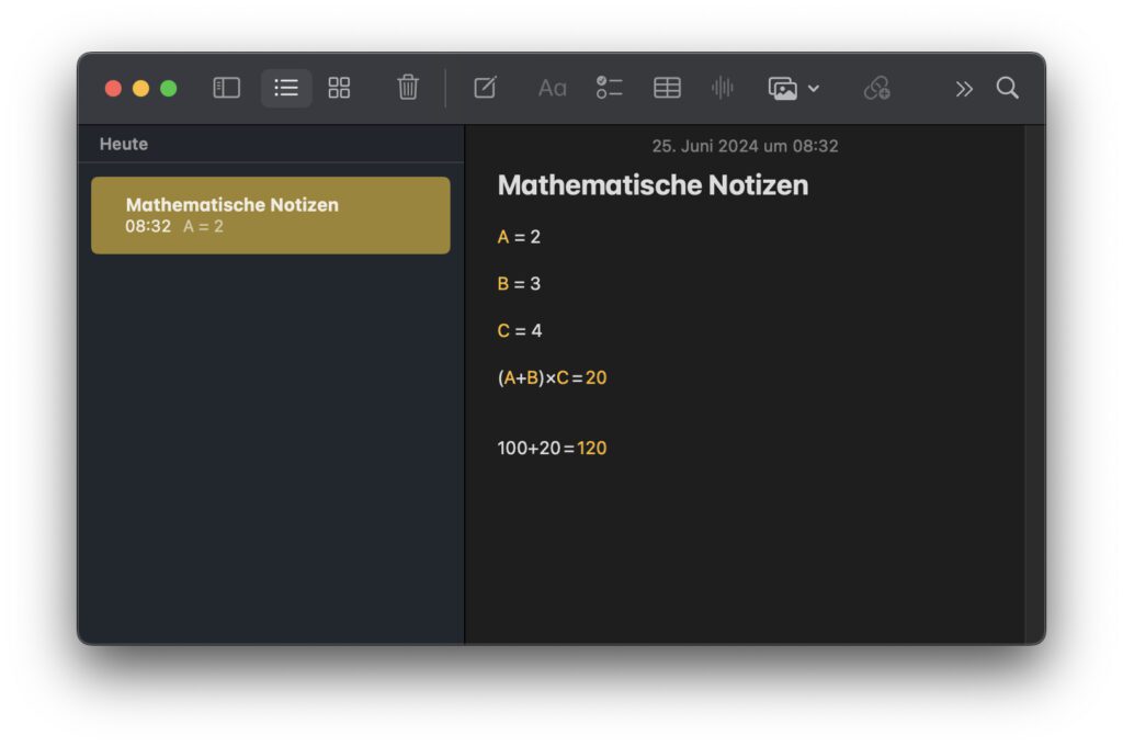 Mathematische Notizen (Math Notes) in der Notizen App. Über den entsprechenden Menüpunkt der Rechner App lässt sich diese App aufrufen.