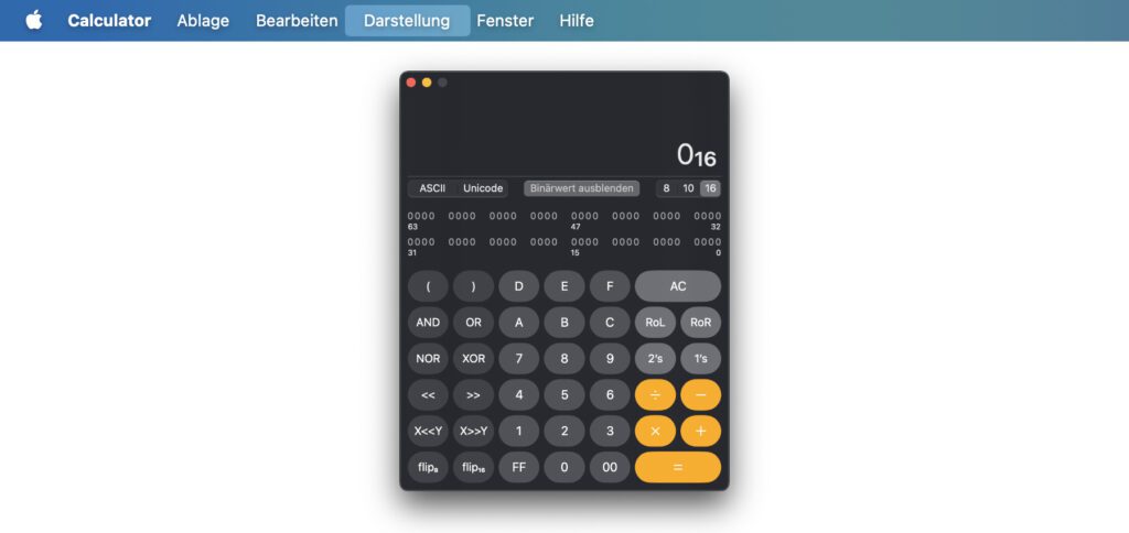 Will man von der Programmieren-Ansicht zurück zu einem anderen Design wechseln, muss die Menüleiste genutzt werden. Denn hier steht kein Menü-Button zur Verfügung. Und ja, in der aktuellen Sequoia Beta heißt die App "Calculator" statt "Rechner".