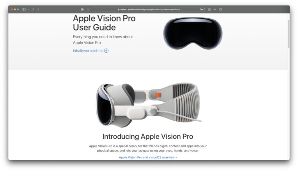 Trotz der Sprachen- und Regionseinstellung wird die Startseite des Online-Handbuchs für die Vision Pro und visionOS noch auf englisch angezeigt – bis auf den Link zum Inhaltsverzeichnis.