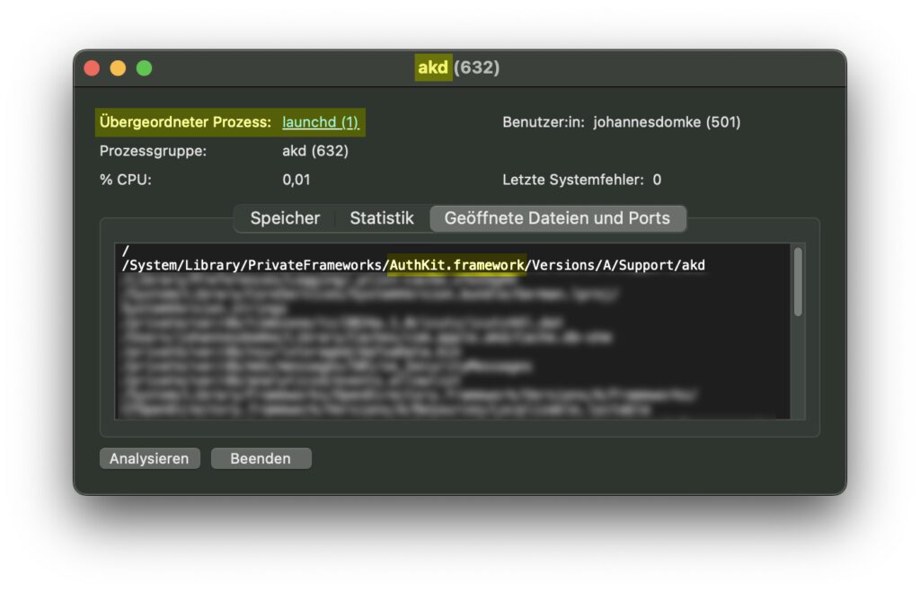 Ich habe den akd-Eintrag in der macOS-Aktivitätsanzeige einfach mal doppelt angeklickt. In der so aufgerufenen Übersicht befinden sich schon einige wichtige Informationen.