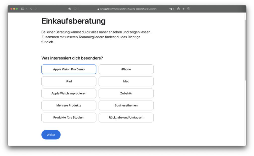 Neben der Apple Vision Pro Demo könnt ihr noch weitere Produktberatungen im Store buchen. Für die Nutzung der Webseite müsst ihr euch anmelden.