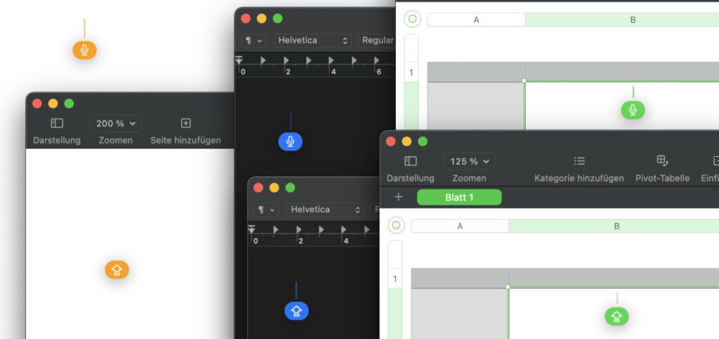 Der Caps-Lock-Indikator und das Diktat-Mikrofon in den Mac-Apps Pages, TextEdit und Numbers. 