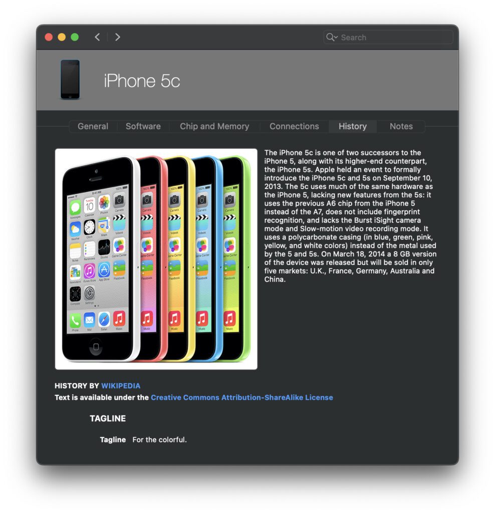 Das iPhone 5c wurde 2013 von Apple vorgestellt – mit farblich auffälligen Kunststoffgehäusen statt spiegelndem Metall. Quelle: Mactracker App