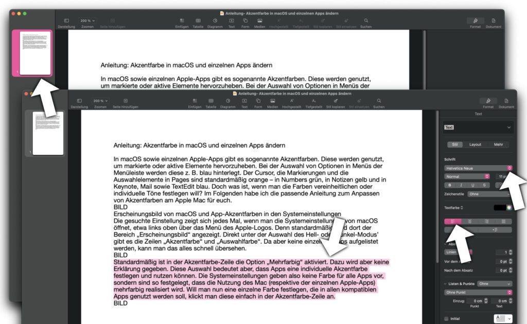 Nach der Festlegung einer einzelnen Farbe für alle App- und Menü-Akzente in macOS wird diese auch in Pages übernommen.
