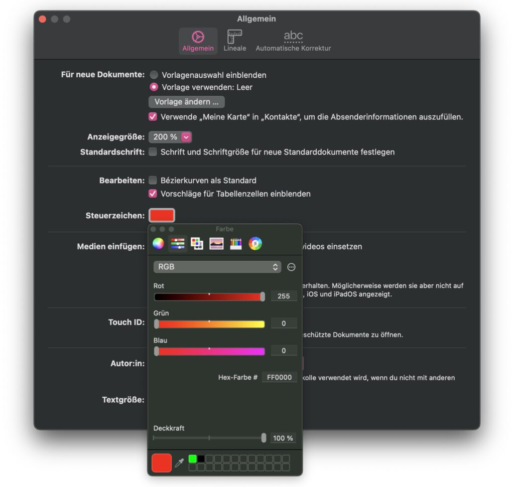 Die Auswahl der Farbe für die Steuerzeichen befindet sich in den Einstellungen der Pages-App. Sie lässt sich also nicht App-übergreifend in den macOS-Systemeinstellungen festlegen.