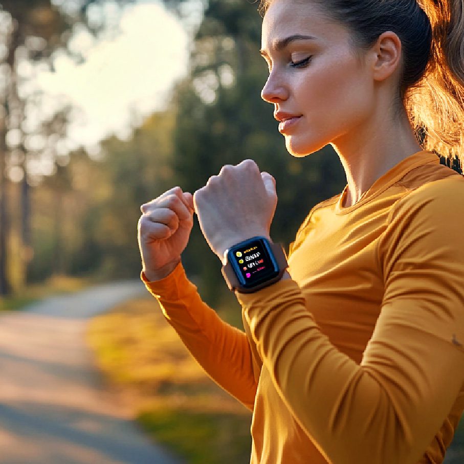 Frau in Sportbekleidung bereitet sich mit Smartwatch aufs Joggen vor