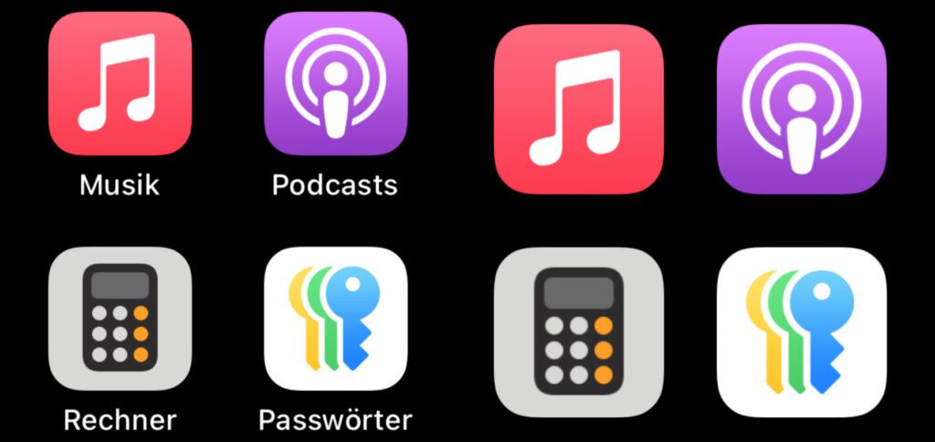 Links die App-Symbole in regulärer Größe und mit Namensschriftzug, rechts die größeren App-Symbole ohne Namen.