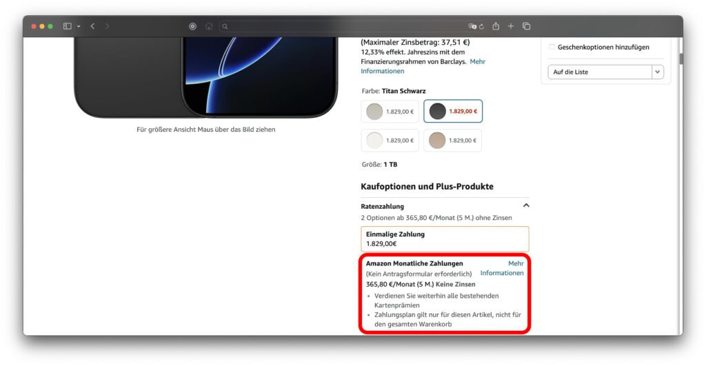 Auf der Amazon-Produktseite des iPhone 16 Pro und iPhone 16 Pro Max gibt es unter der Farbauswahl die Möglichkeit, die Ratenzahlung zu aktivieren.
