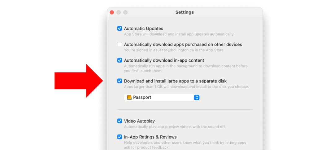 Ab macOS 15 Sequoia ist es möglich, Apps mit mehr als 1 GB Größe vom Mac App Store automatisch auf einem externen Speicher installieren zu lassen. Screenshot: Jesse Hollington / iDrop News