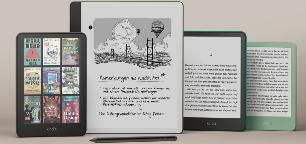 Die neue eReader-Produktreihe von Amazon (v.l.n.r.): Kindle Colorsoft mit Farbdisplay, Kindle Scribe mit großem Display und Stifteingabe, Kindle Paperwhite mit hellem Display und Kindle als kompakteste Version.