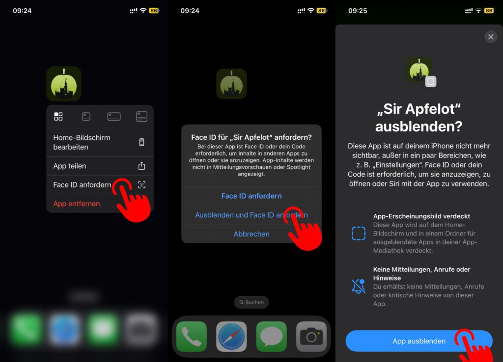 Man kann eine iPhone-App direkt über den Home Screen oder in der App-Mediathek ausblenden sowie mit Face ID sperren.