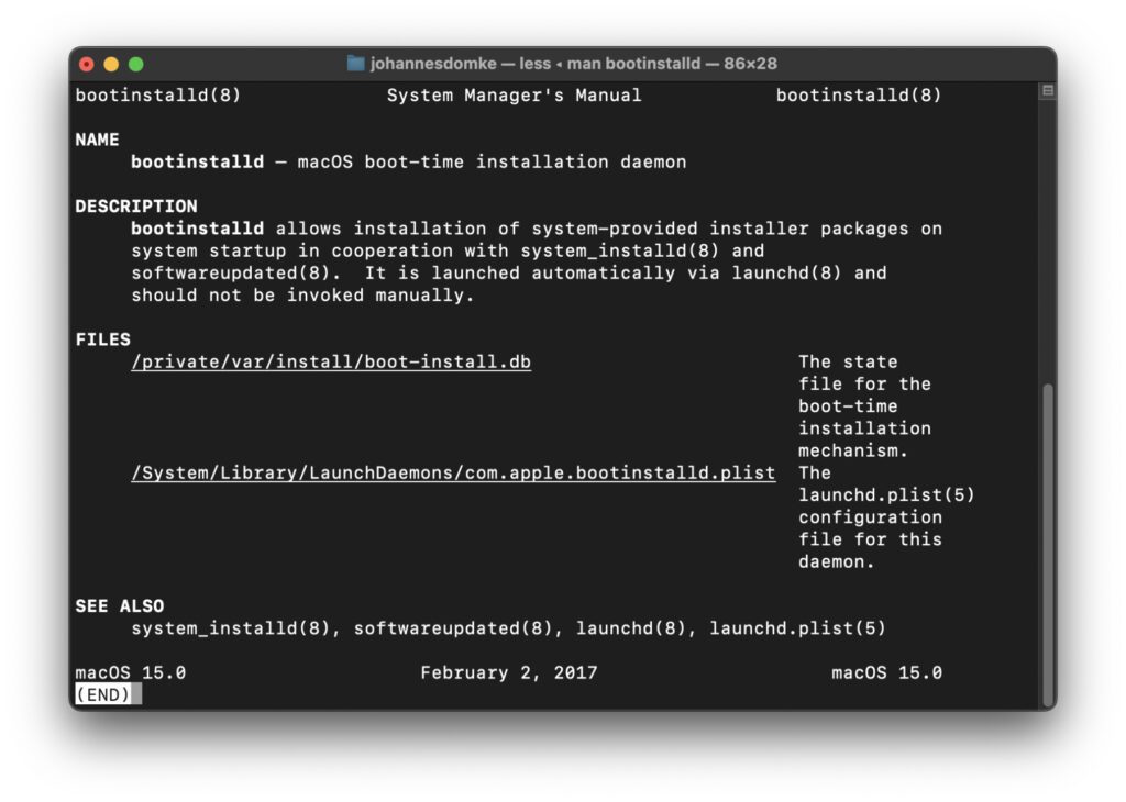 Im Terminal lassen sich für zahlreiche (aber nicht alle) Prozesse eine sogenannte Man Page aufrufen. Dazu gibt man "man Prozessname" ein und drückt Enter. Dies ist die Man Page für bootinstalld.