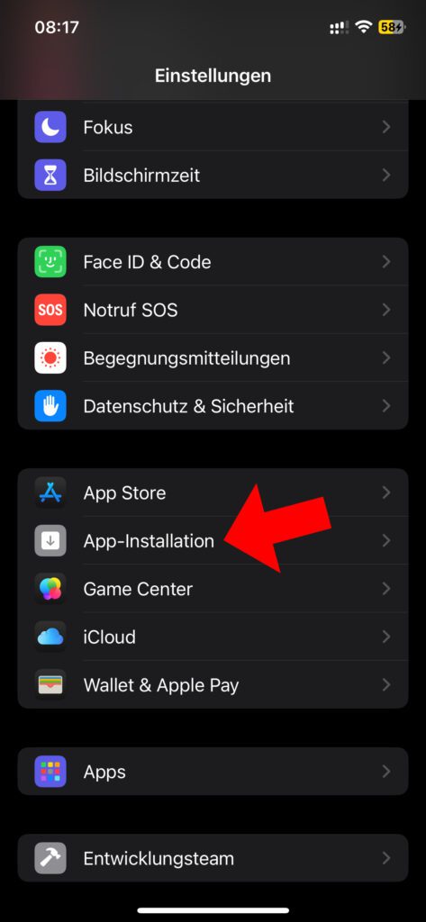 Der Punkt "App-Installation" in den Einstellungen von iOS 18.