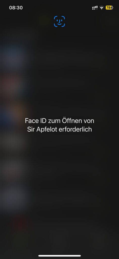 Beim Öffnen der gesperrten App wird angezeigt, dass die Face ID oder der Entsperrcode benötigt wird.