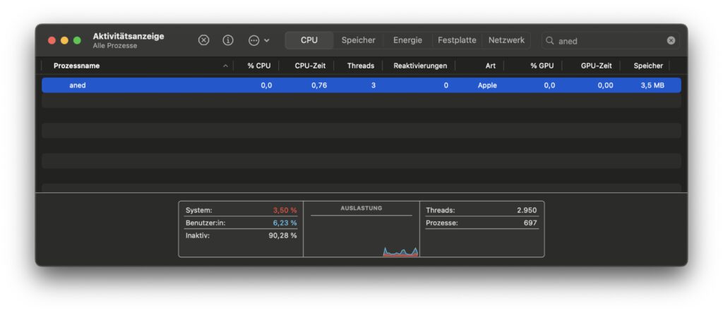 In der Aktivitätsanzeige von macOS findet man u. a. den aned Prozess. Dieser Hintergrundprozess des Apple Mac verwaltet eigenständig Netzwerk-Erweiterungen.