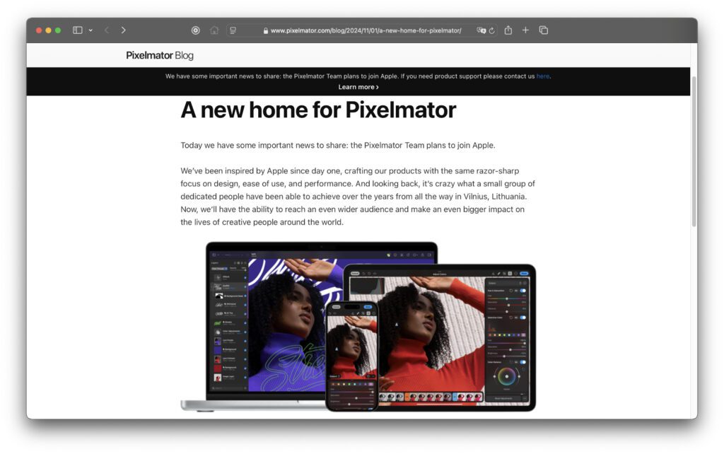 Im Pixelmator Team Blog wurde der Verkauf an Apple am Freitag, dem 1. November 2024, bekannt gegeben.