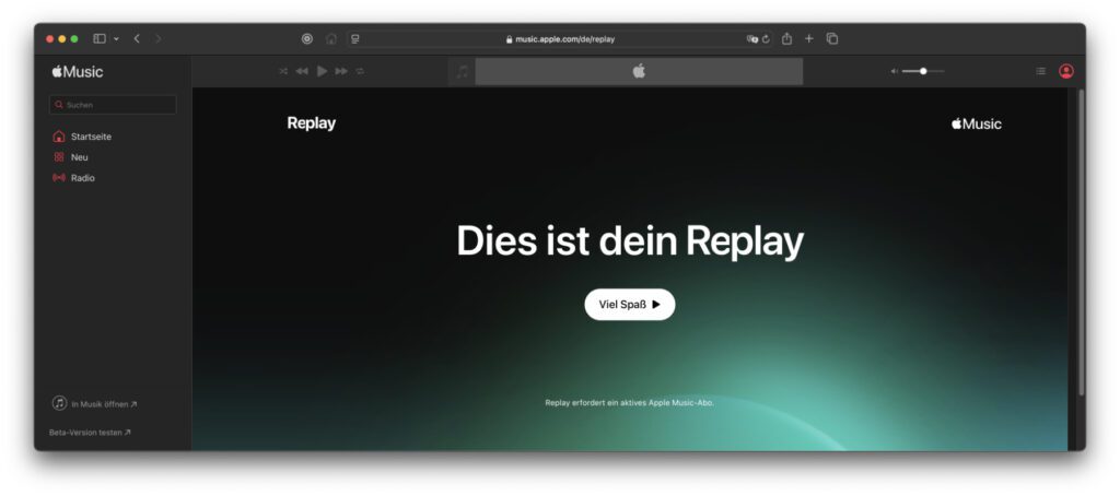 Zum Abrufen der Übersichten im Apple Music Replay 2024 wird ein aktives Abonnement benötigt. Damit sieht die Seite interessanter aus als auf diesem Screenshot.