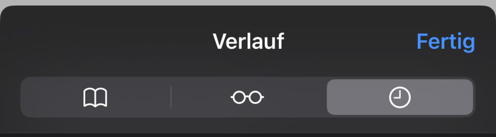 Die Symbolsprache in Safari: Buch = Lesezeichen inkl. Favoriten; Brille = Leseliste; Uhr = Verlauf.