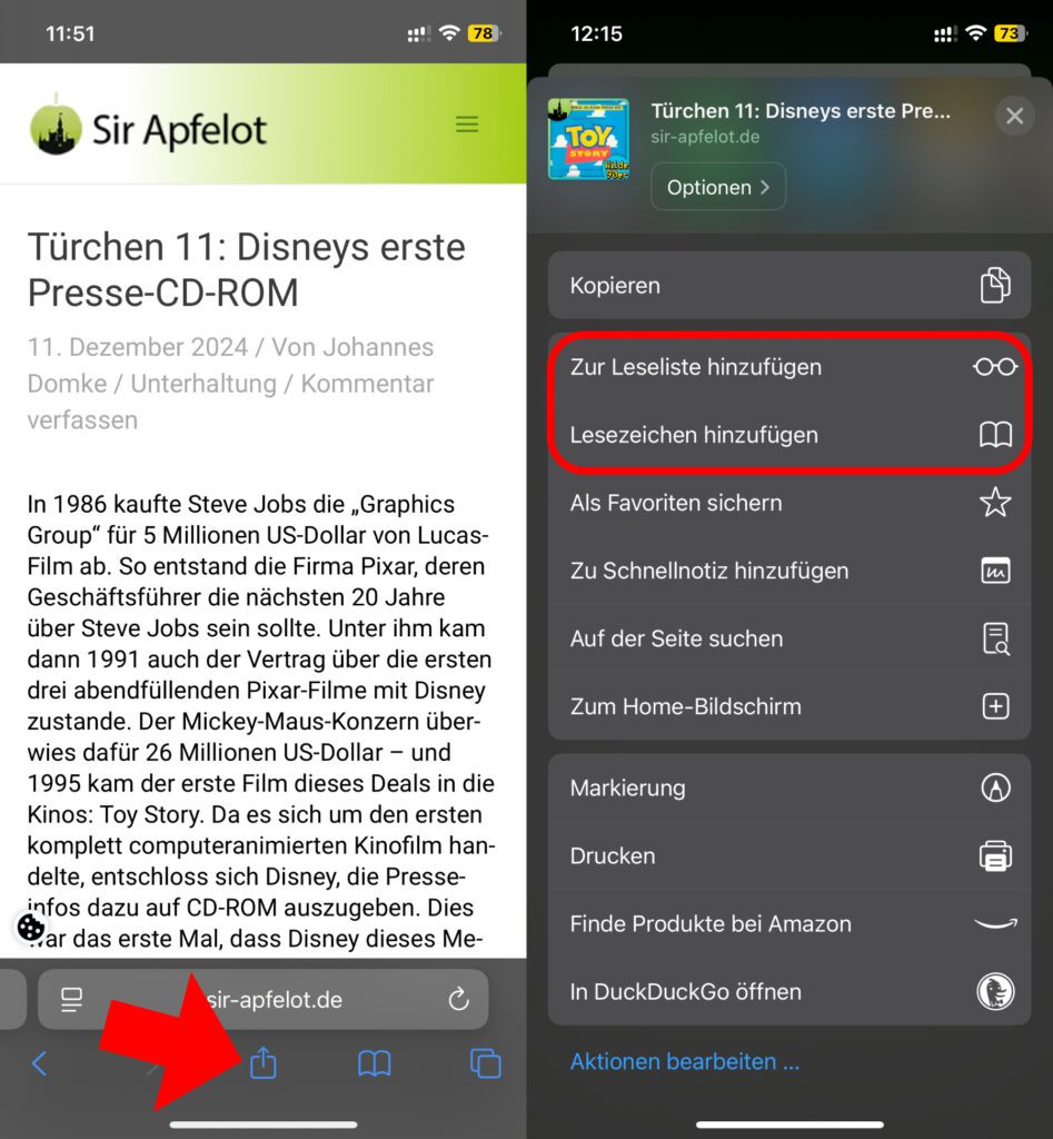 Über das Safari Teilen-Menü am iPhone lassen sich verschiedene Aktionen für und mit Webseiten ausführen.