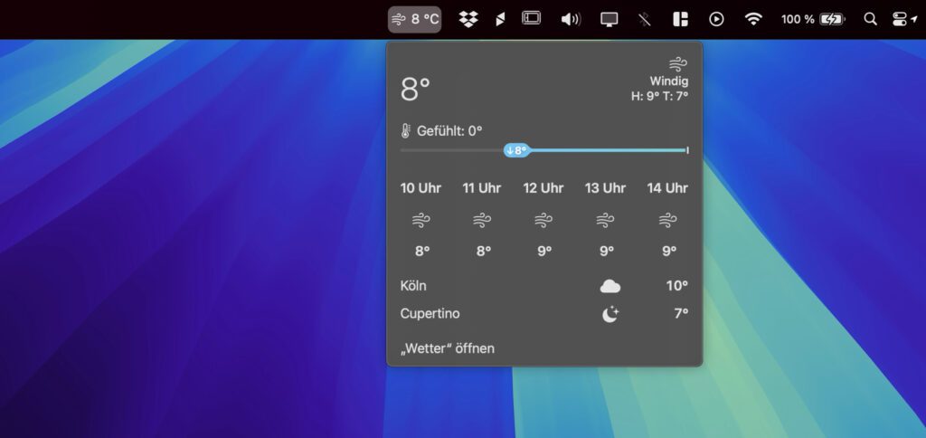 Ab macOS 15.2 können Informationen aus der Wetter App in der Menüleiste angezeigt werden. Hier gibt's die Anleitung zum Aktivieren der Wetter-Infos im Mac-System.