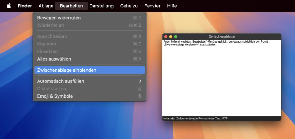 Über Bearbeiten im Finder-Menü lässt sich unter macOS die Zwischenablage einblenden.