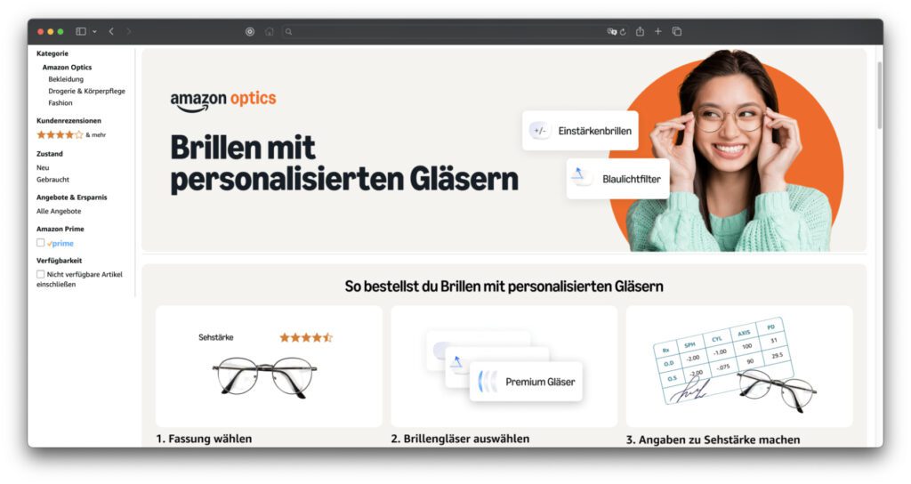 Amazon Optics ist in Deutschland gestartet: Gestell auswählen, Gläser anpassen, Sehstärke angeben und die neue Brille online kaufen. So einfach soll es gehen.