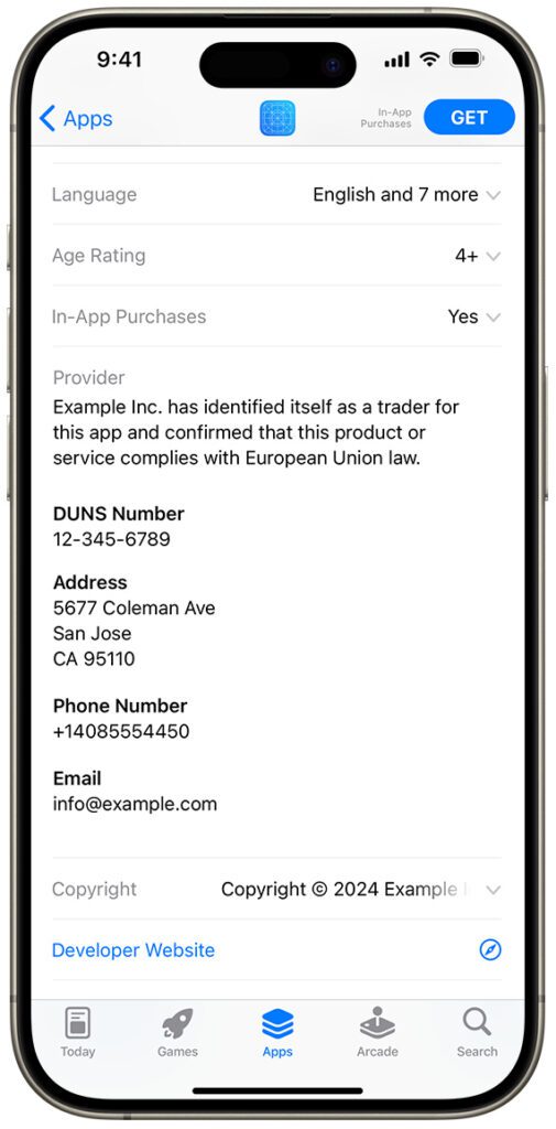 Beispiel für Impressumsangaben eines Unternehmens im Apple App Store. Quelle: Apple
