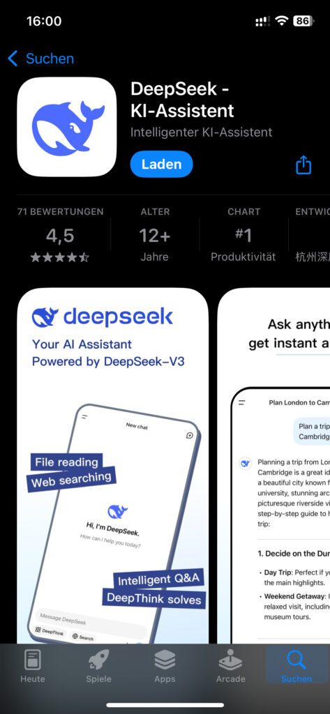 Die DeepSeek App ist im iPhone App Store übers Wochenende direkt auf Platz 1 der Produktivitäts-Apps geklettert.