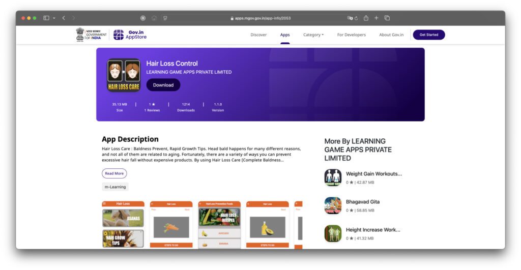 Eine App gegen Haarausfall im staatlichen App Store von Indien.