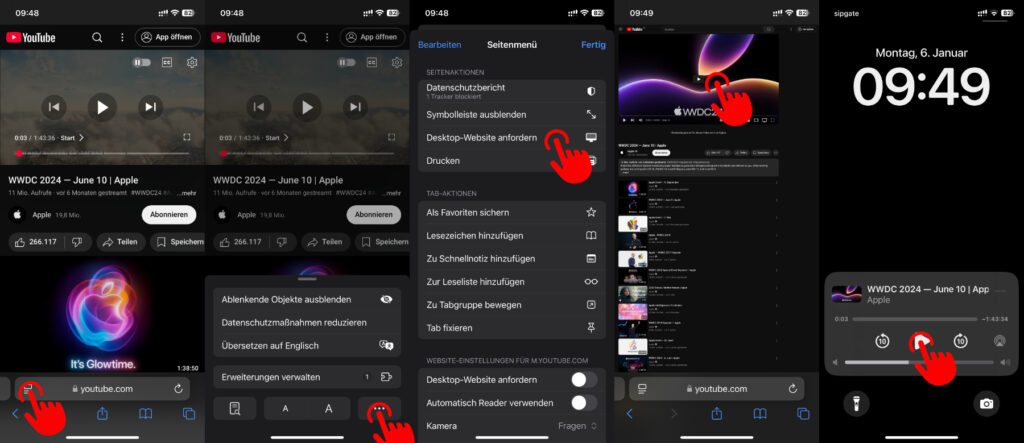 Über die Webseiten-Optionen von Safari wird die Desktop-Version von YouTube angefordert. Wird ein Video darüber wiedergegeben, kann das Audio sogar dann abgerufen werden, wenn das iPhone gesperrt ist.