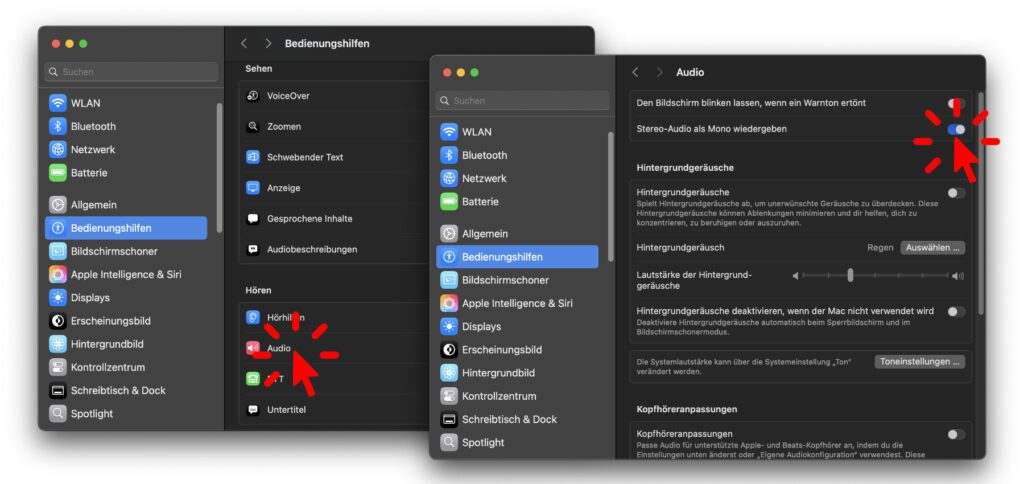 Am Apple Mac ungleiches Stereo-Audio als Mono wiedergeben – das geht auch ohne Drittanbieter-App dank einer Bedienungshilfe.