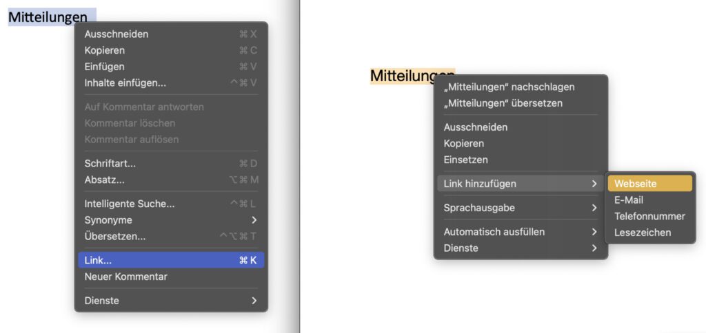 In den meisten Apps für Textverarbeitung, Tabellenkalkulation oder Präsentationen lassen sich Text, Bilder und Objekte per Rechtsklick mit einem Link versehen.