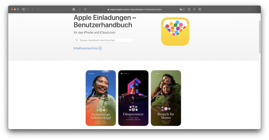 Im Support-Bereich der offiziellen Apple-Webseite wurde das Einladungen App Handbuch veröffentlicht. Es bietet ein Textfeld für individuelle Suchen sowie ein Inhaltsverzeichnis für die strukturierte Auseinandersetzung mit dem neuen Angebot.