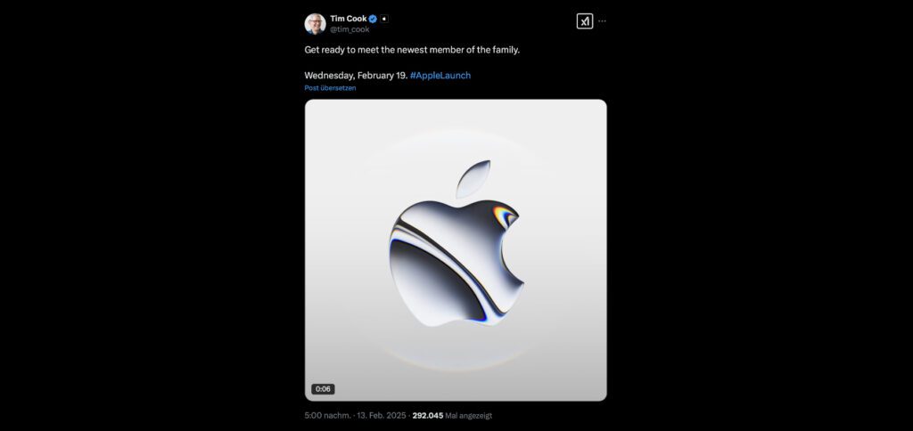 Mit einem kurzen Text-Hinweis und einer Logo-Animation hat der Apple-CEO Tim Cook für kommenden Mittwoch, den 19. Februar 2025, einen Produktlaunch angekündigt.