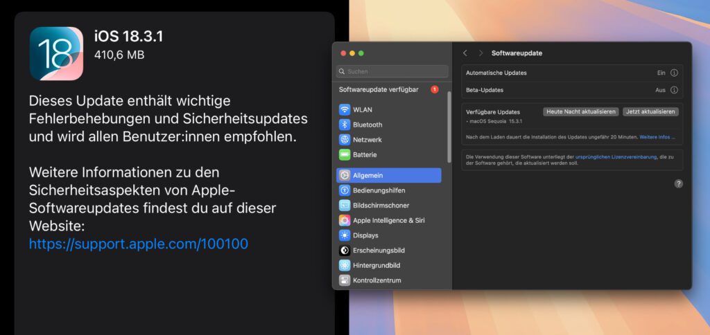 In den macOS Systemeinstellungen bzw. in den Einstellungen der Apple-Mobilgeräte wartet im Bereich Allgemein -> Softwareupdate das aktuelle Update auf die Installation.