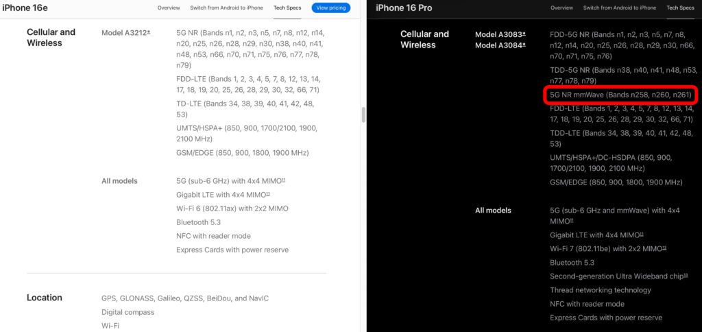 Vergleich der US-Datenblätter des iPhone 16e (links) und des iPhone 16 Pro / Pro Max (rechts). Beim e-Modell entfällt die Konnektivität mit der mmWave-Technologie für den 5G-Mobilfunk.