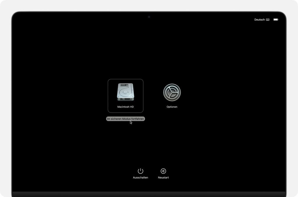 Der Safe Mode an einem Apple Mac mit M-Chip: Nach dem Halten des Einschalt-Buttons, dem Auswählen des Startvolumes und dem Halten der Shift-Taste wird die Option zum Booten im sicheren Modus angezeigt.
