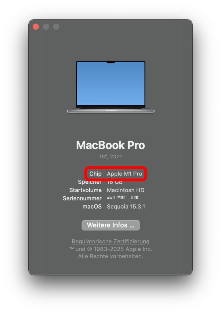 Dieses MacBook Pro hat einen Apple Silicon verbaut, zu erkennen an der Bezeichnung "Apple M1 Pro".