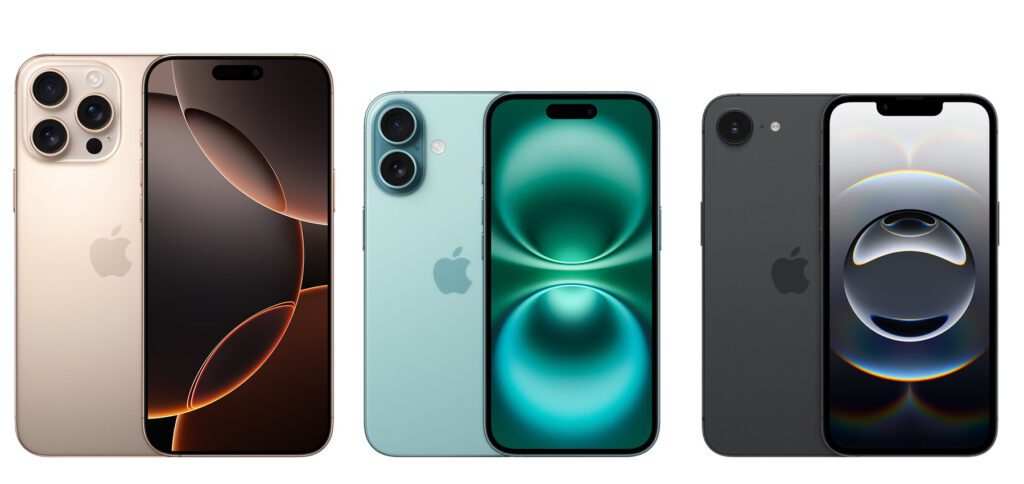 V.l.n.r.: iPhone 16 Pro, iPhone 16 und iPhone 16e. Jede Display-Grafik sagt etwas über die Ausstattung des Apple-Smartphones aus. (Bilderquelle: Apple.com)