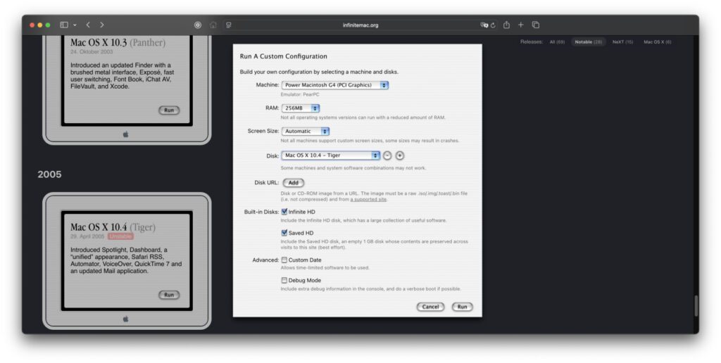 Auch bei Infinite Mac kann man für die einzelnen Systeme die simulierte Hardware anpassen – muss man aber nicht unbedingt. 