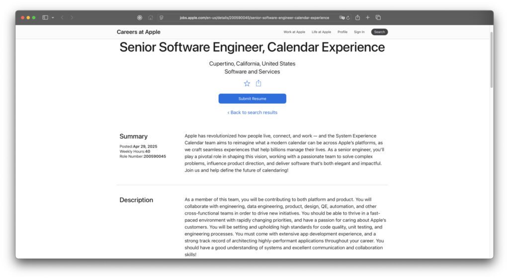 Teil der aktuellen Stellenausschreibung von Apple.