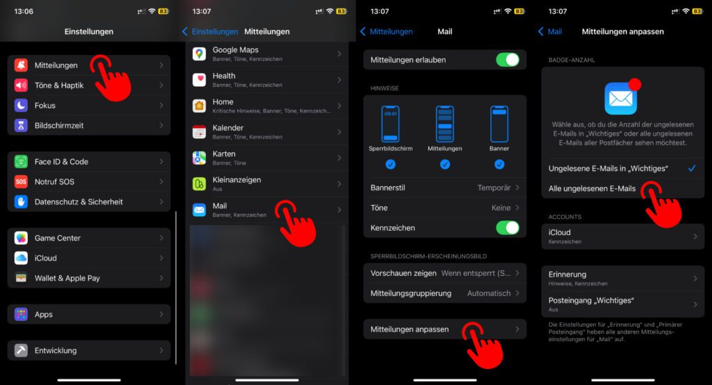 Die Mitteilungen zu neuen E-Mails am iPhone gehen mit den Badge-Einstellungen des App-Symbols einher.